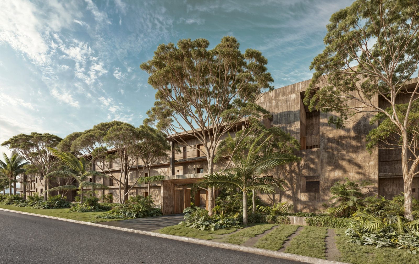 Fachada principal de VIRĒO Living entre jardines tropicales