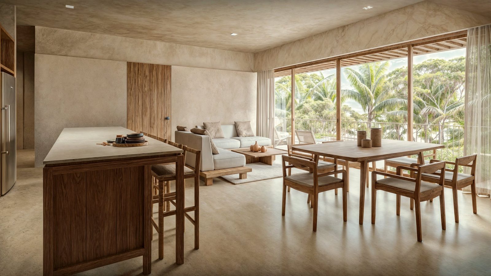Sala de estar de un condominio Virēo con vista al entorno natural